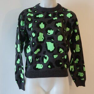 NWT Womens Tina Demel Black, Gray, Neon Green Leopard Crew Neck Sweater S